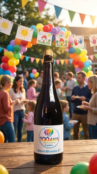 Bière personnalisée des 100 ans de l'école communale de Franière, créée par Bottle Signature pour une récolte de fonds scolaire.