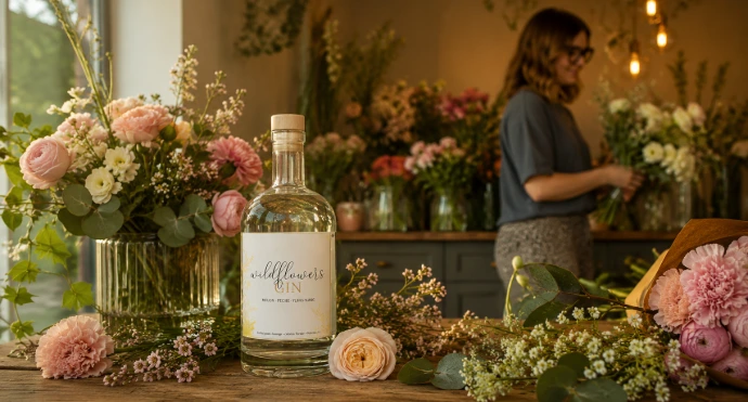 Gin signature Wildflowers exposé dans la boutique Sauvage fleuriste à Nalinnes.